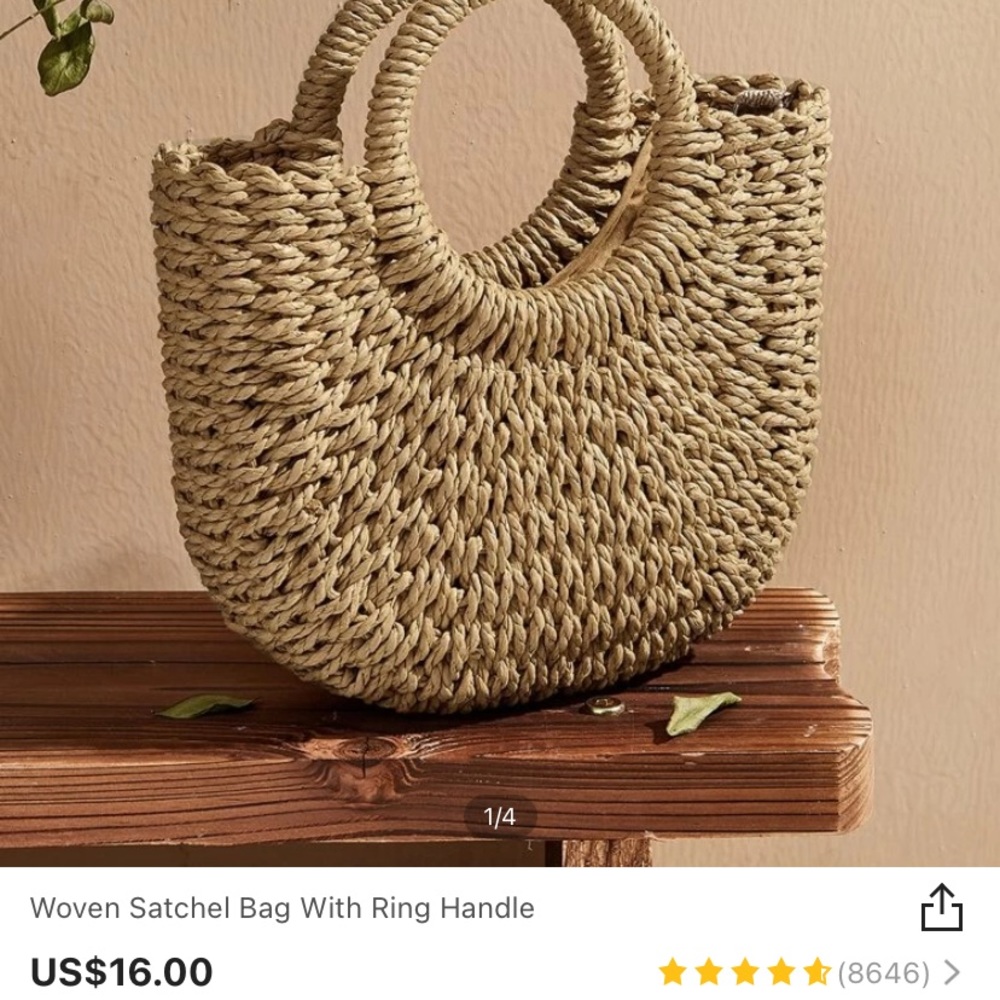 Woven Satchel Bag with Ring Handle - SHEIN
